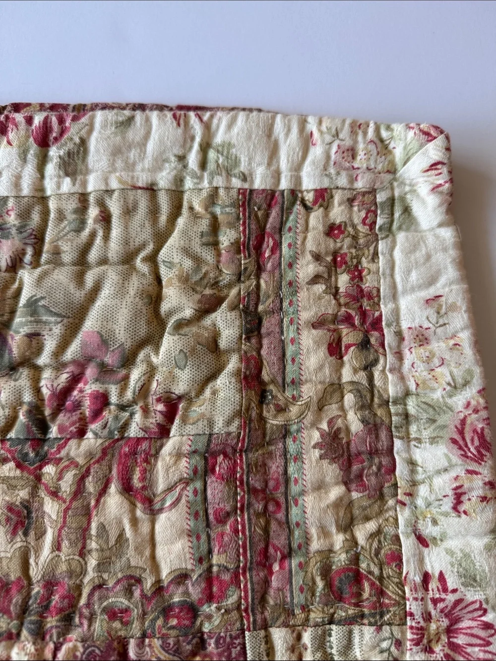 Vintage 16” Quilted Pillow Shams in Cream and Burgundy